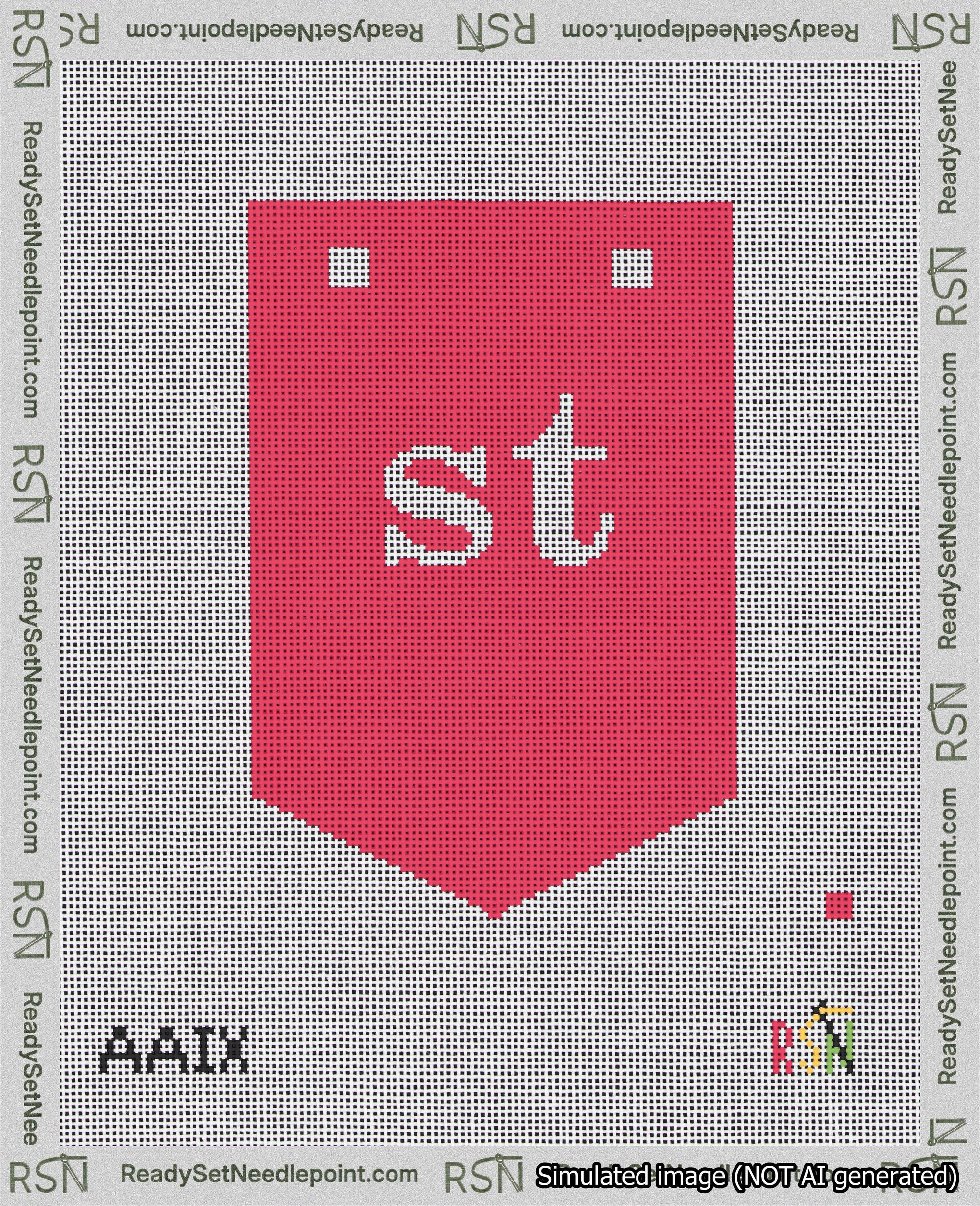 A taped needlepoint canvas with the design: Banner 18 mesh count Pointed st White on Red.