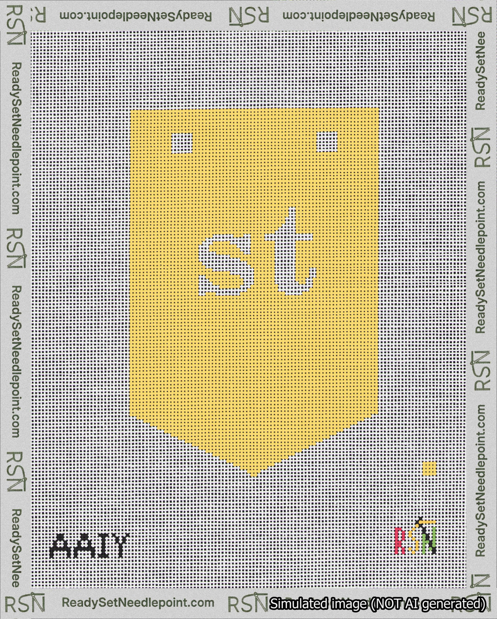 A taped needlepoint canvas with the design: Banner 18 mesh count Pointed st White on Yellow.