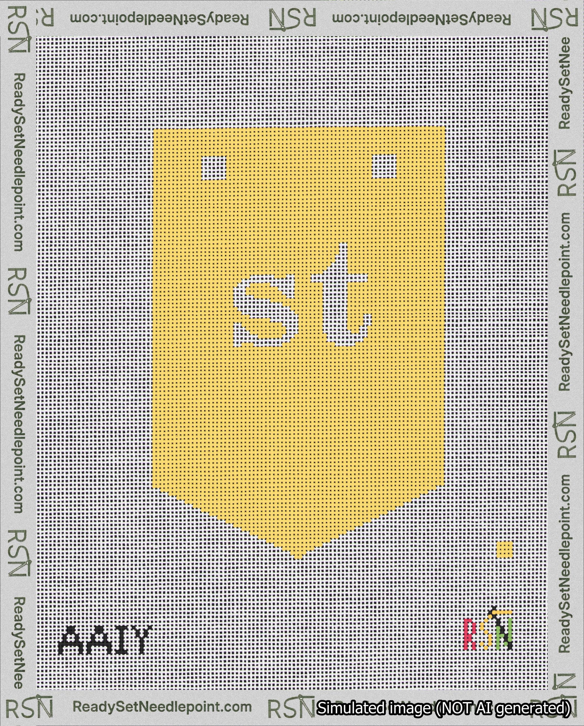 A taped needlepoint canvas with the design: Banner 18 mesh count Pointed st White on Yellow.