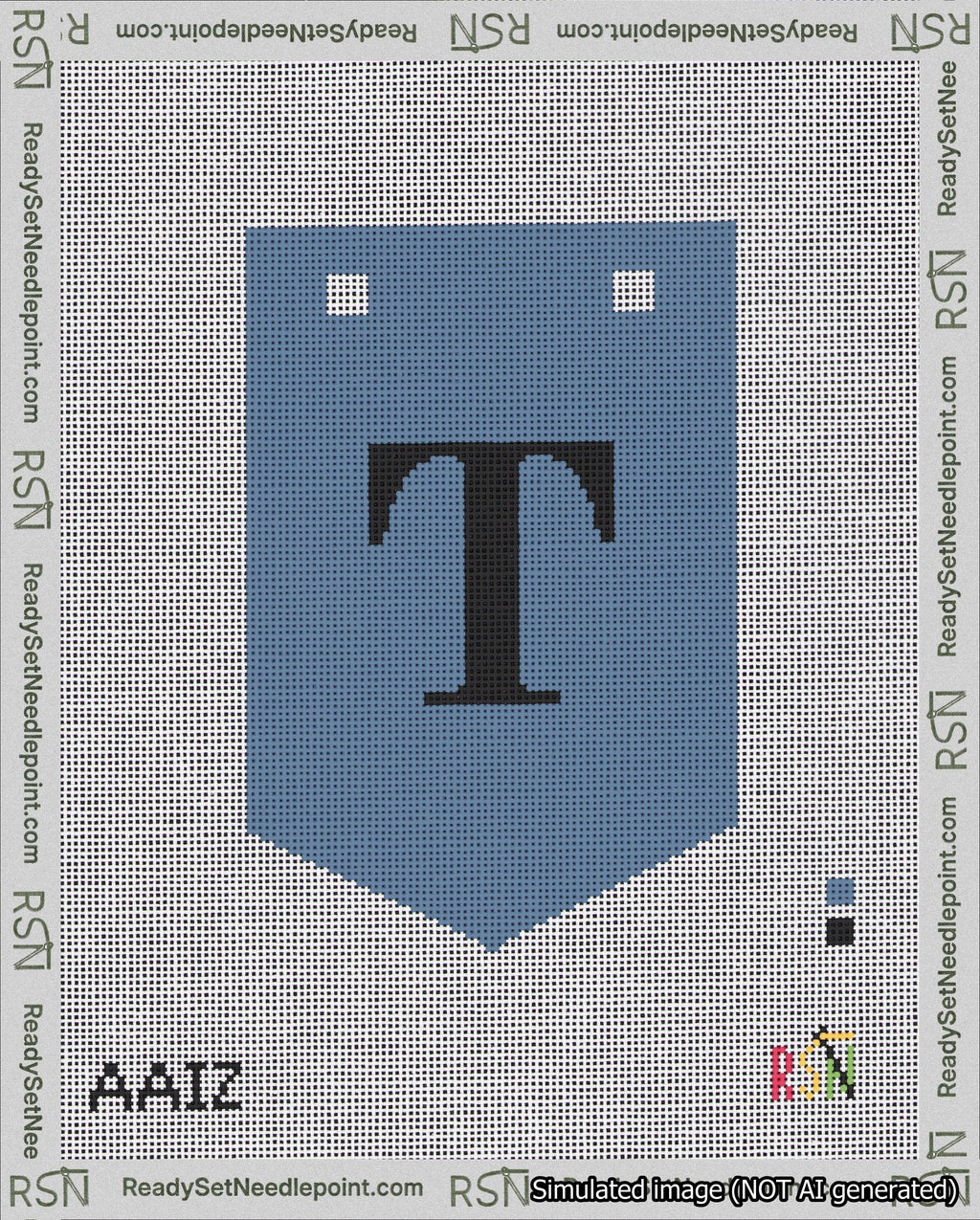A taped needlepoint canvas with the design: Banner 18 mesh count Pointed T Black on Blue.