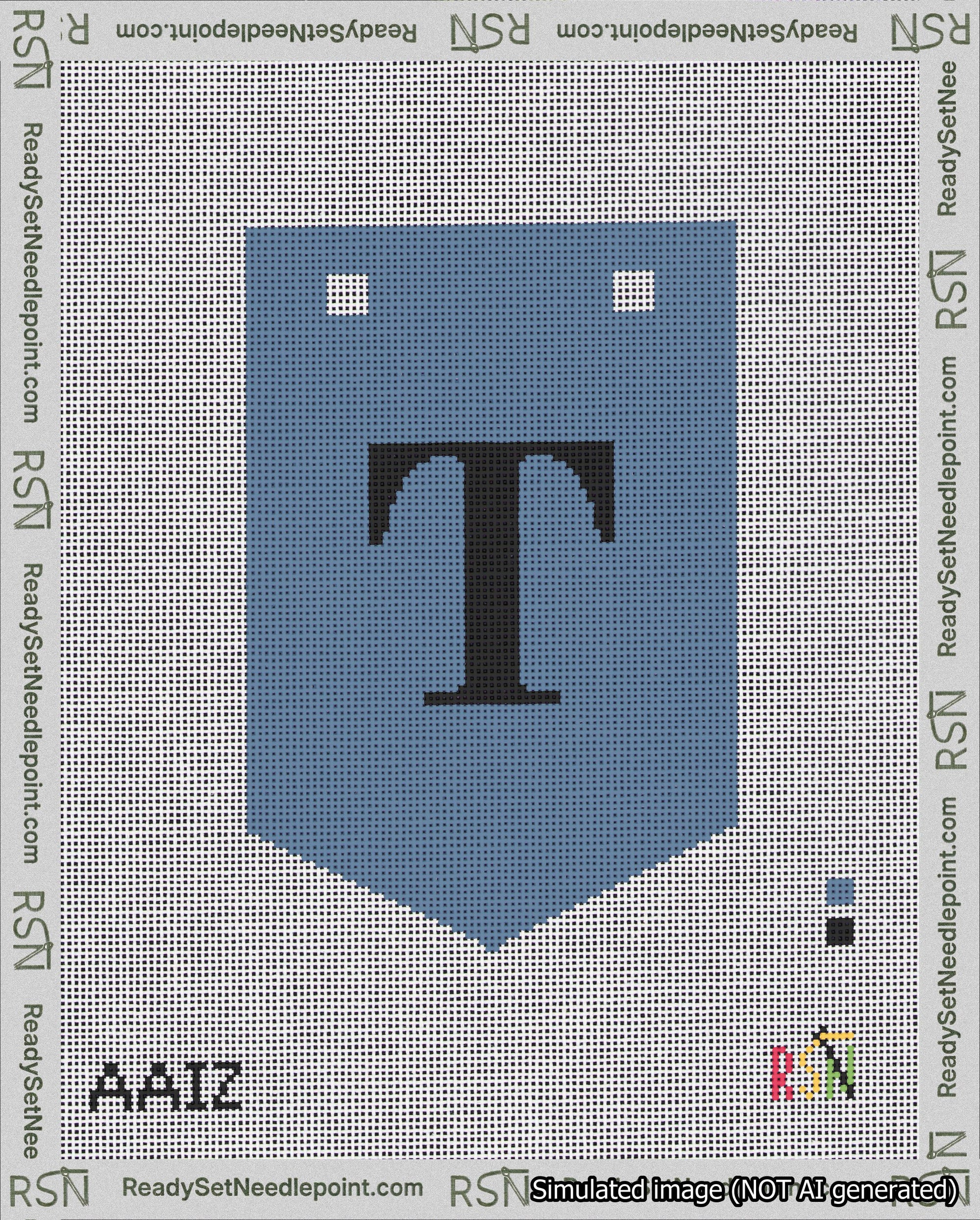 A taped needlepoint canvas with the design: Banner 18 mesh count Pointed T Black on Blue.