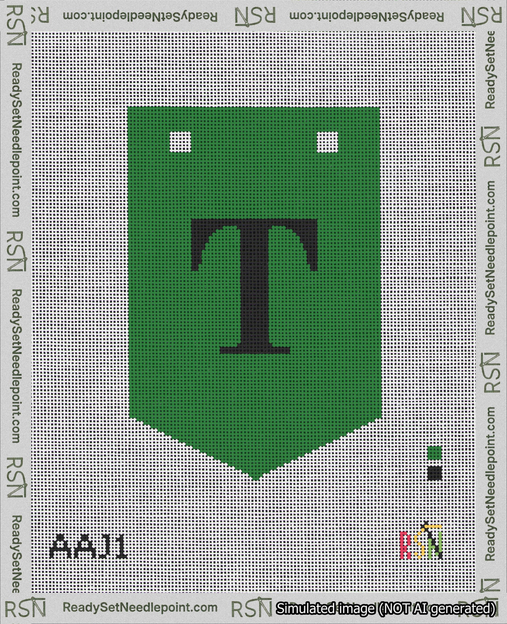 A taped needlepoint canvas with the design: Banner 18 mesh count Pointed T Black on Green.