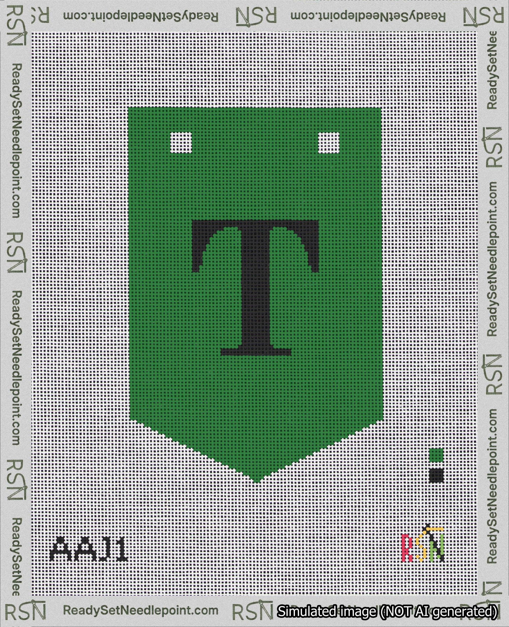 A taped needlepoint canvas with the design: Banner 18 mesh count Pointed T Black on Green.