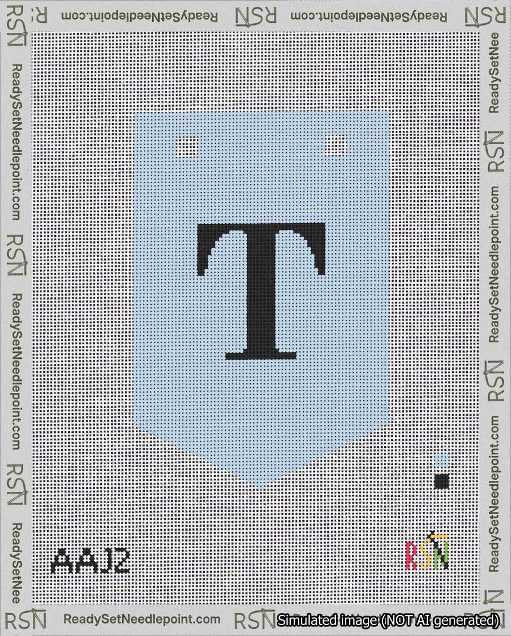A taped needlepoint canvas with the design: Banner 18 mesh count Pointed T Black on Light Blue.