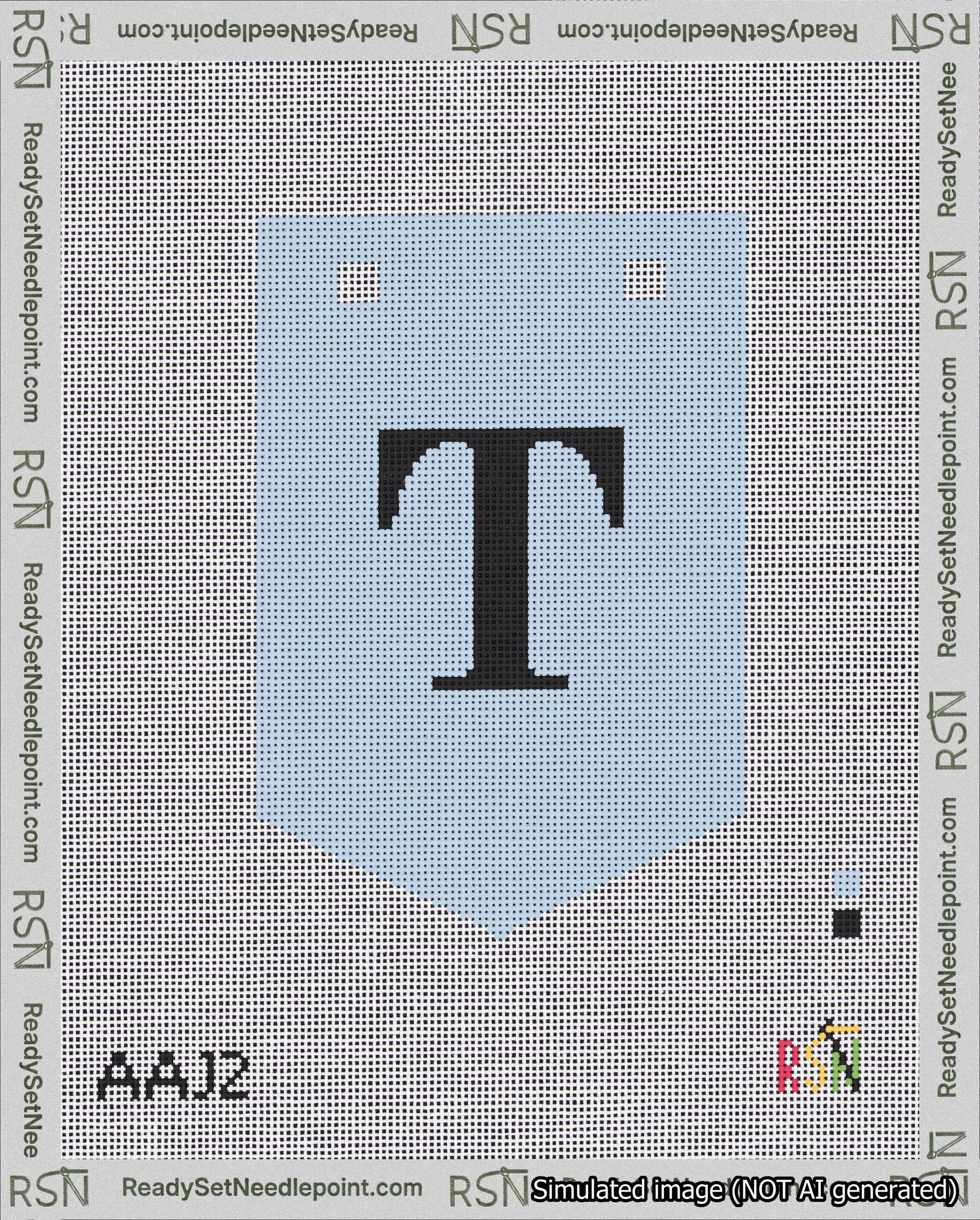 A taped needlepoint canvas with the design: Banner 18 mesh count Pointed T Black on Light Blue.