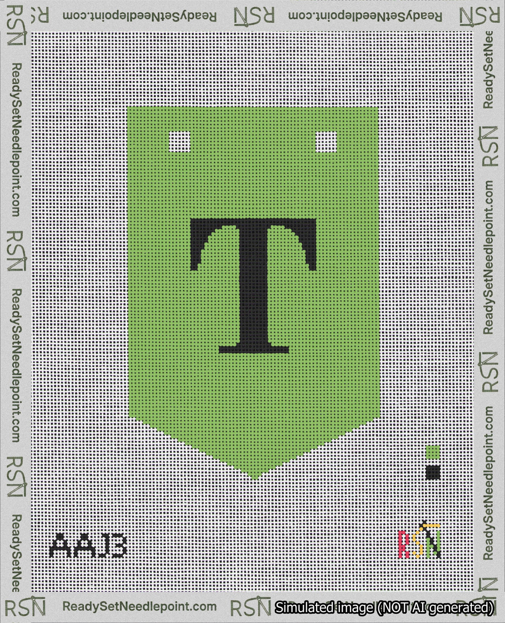 A taped needlepoint canvas with the design: Banner 18 mesh count Pointed T Black on Light Green.
