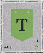 A taped needlepoint canvas with the design: Banner 18 mesh count Pointed T Black on Light Green.
