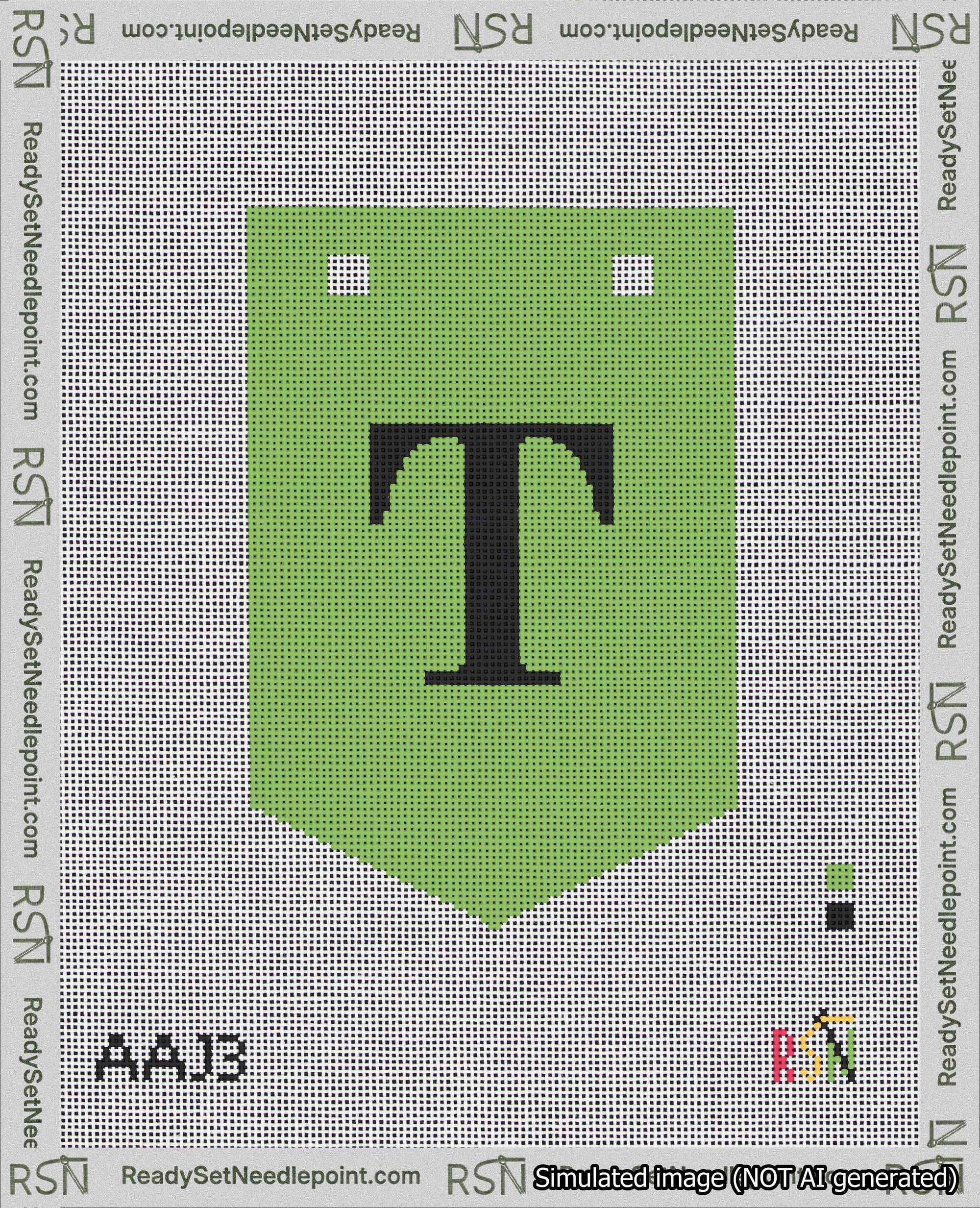 A taped needlepoint canvas with the design: Banner 18 mesh count Pointed T Black on Light Green.