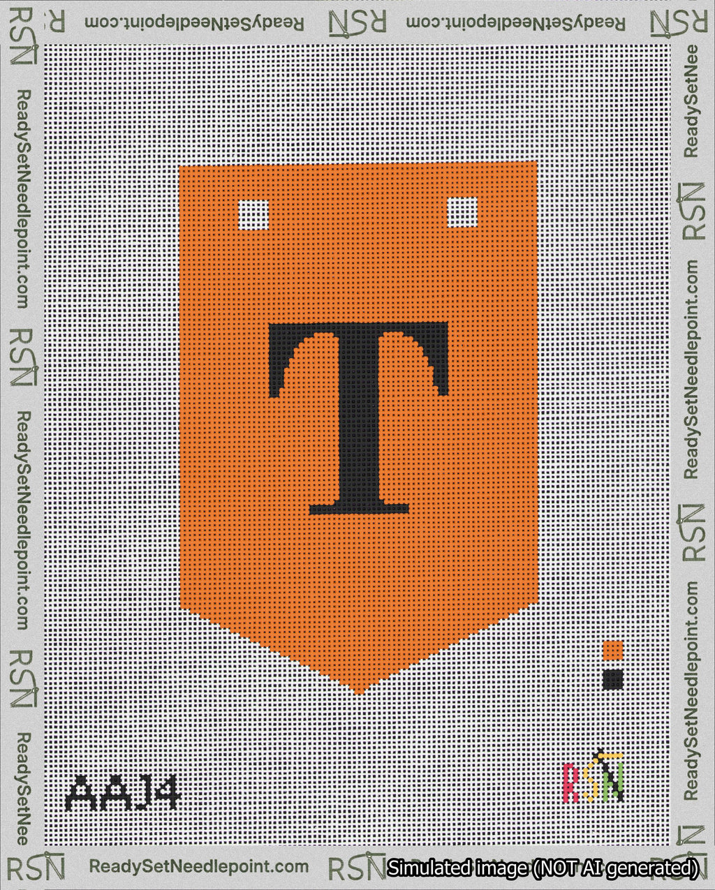 A taped needlepoint canvas with the design: Banner 18 mesh count Pointed T Black on Orange.