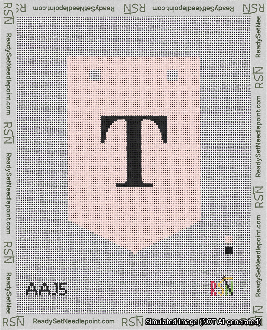 A taped needlepoint canvas with the design: Banner 18 mesh count Pointed T Black on Pink.
