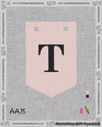 A taped needlepoint canvas with the design: Banner 18 mesh count Pointed T Black on Pink.