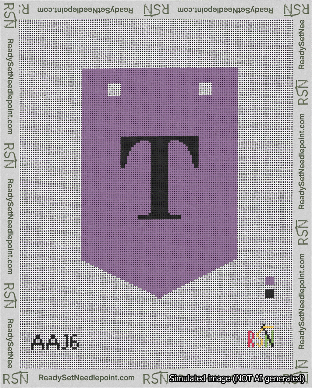 A taped needlepoint canvas with the design: Banner 18 mesh count Pointed T Black on Purple.