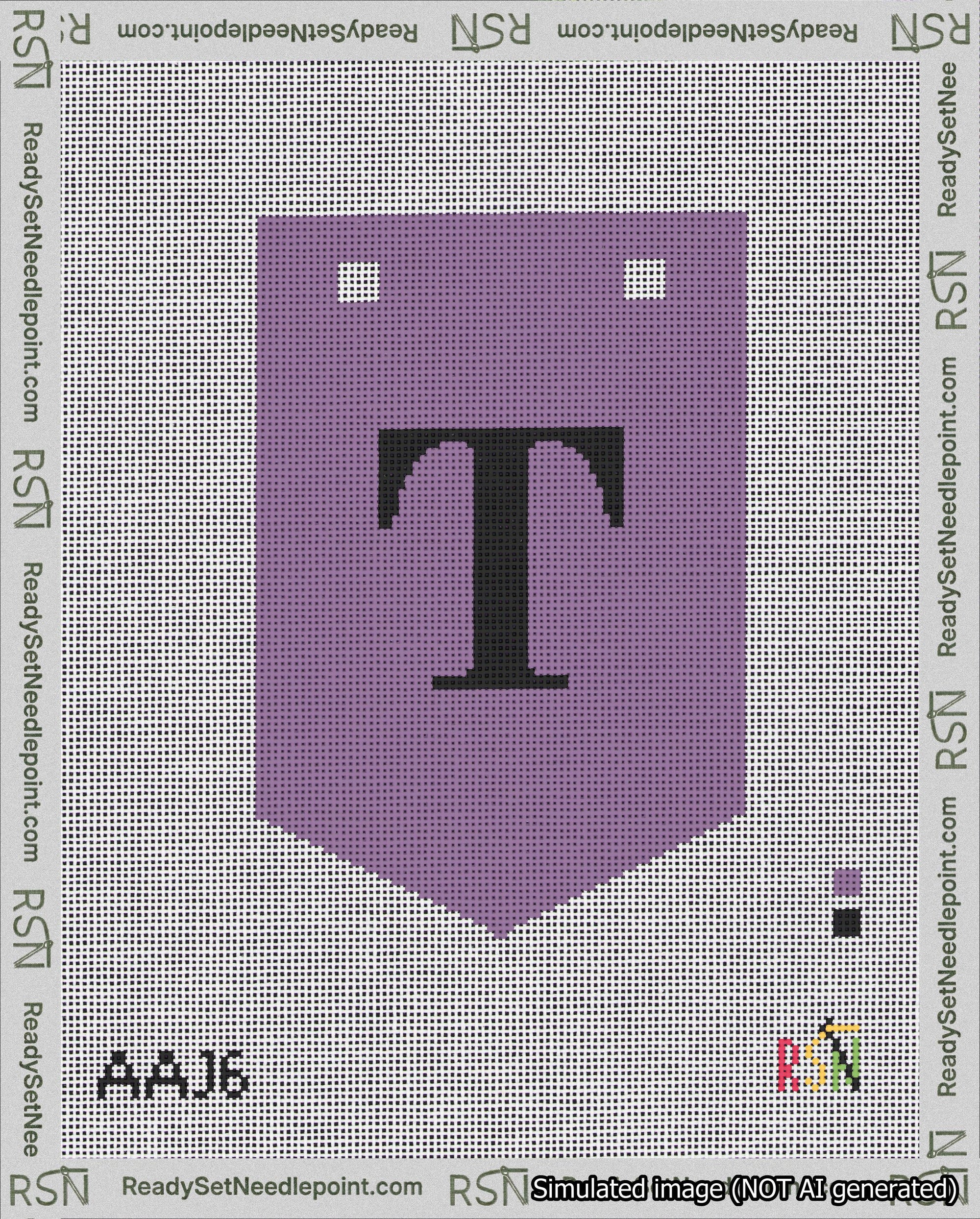 A taped needlepoint canvas with the design: Banner 18 mesh count Pointed T Black on Purple.