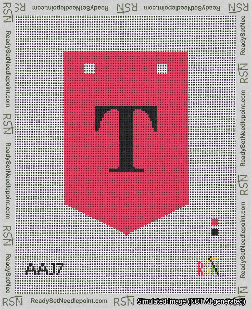 A taped needlepoint canvas with the design: Banner 18 mesh count Pointed T Black on Red.