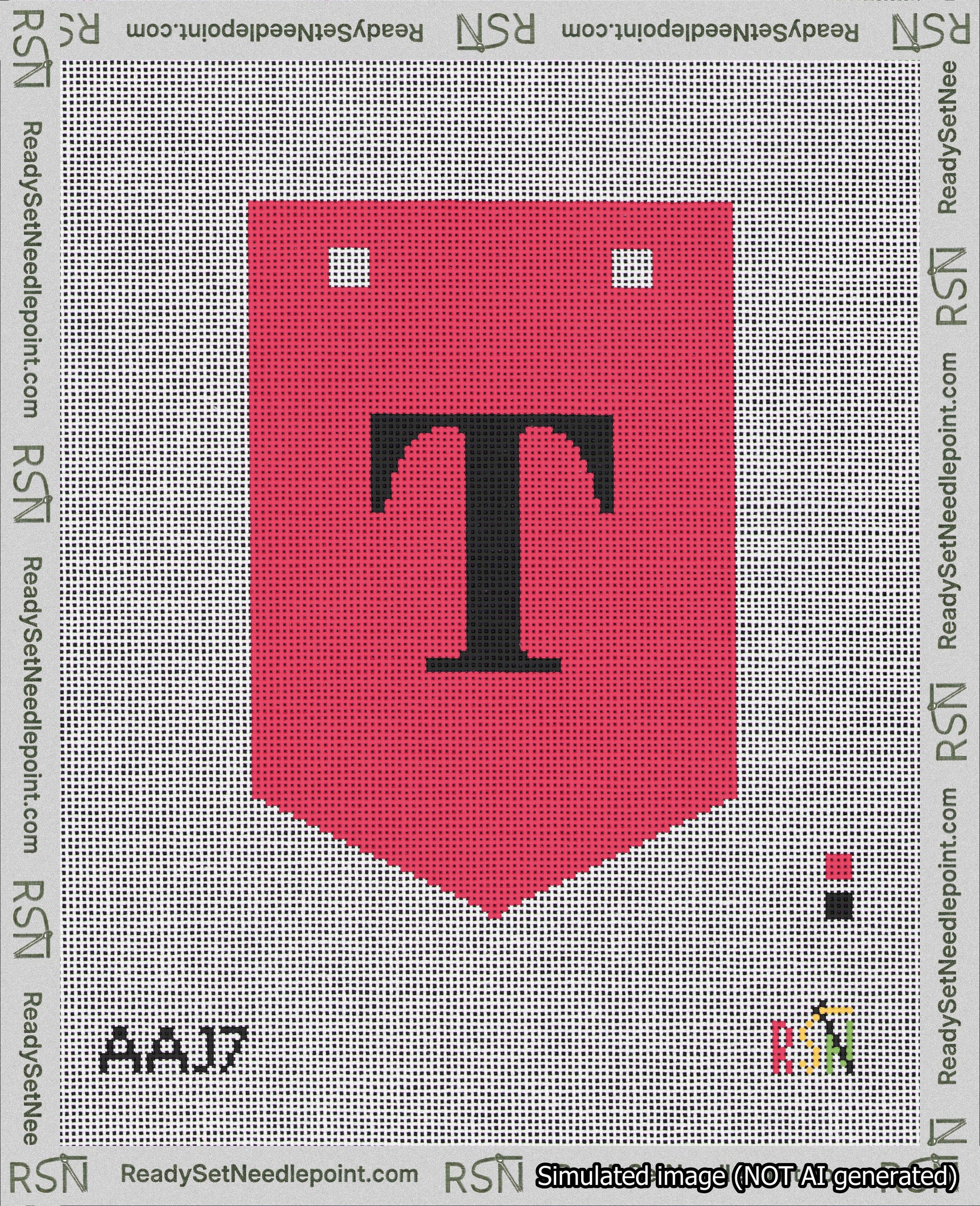 A taped needlepoint canvas with the design: Banner 18 mesh count Pointed T Black on Red.