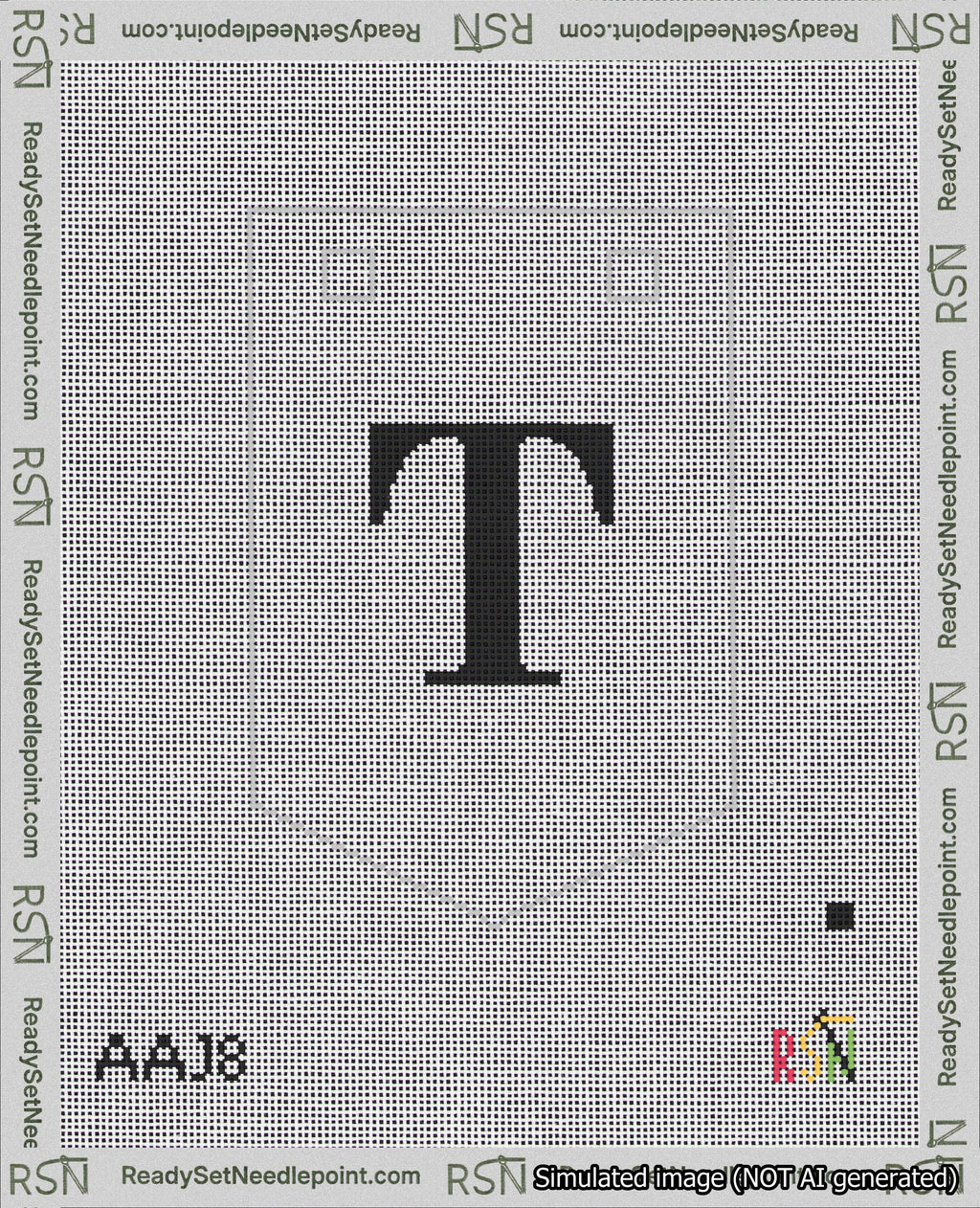 A taped needlepoint canvas with the design: Banner 18 mesh count Pointed T Black on White.