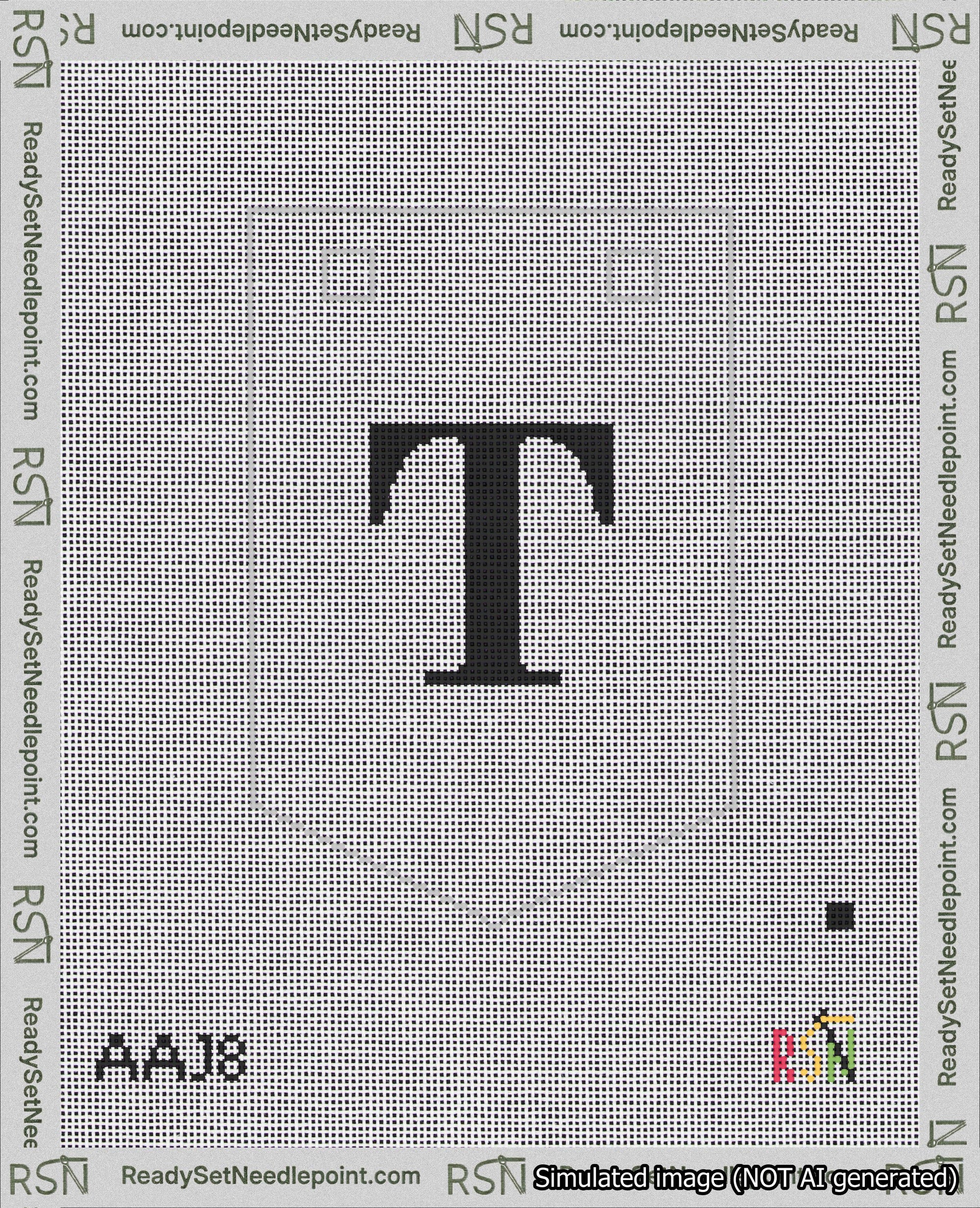 A taped needlepoint canvas with the design: Banner 18 mesh count Pointed T Black on White.
