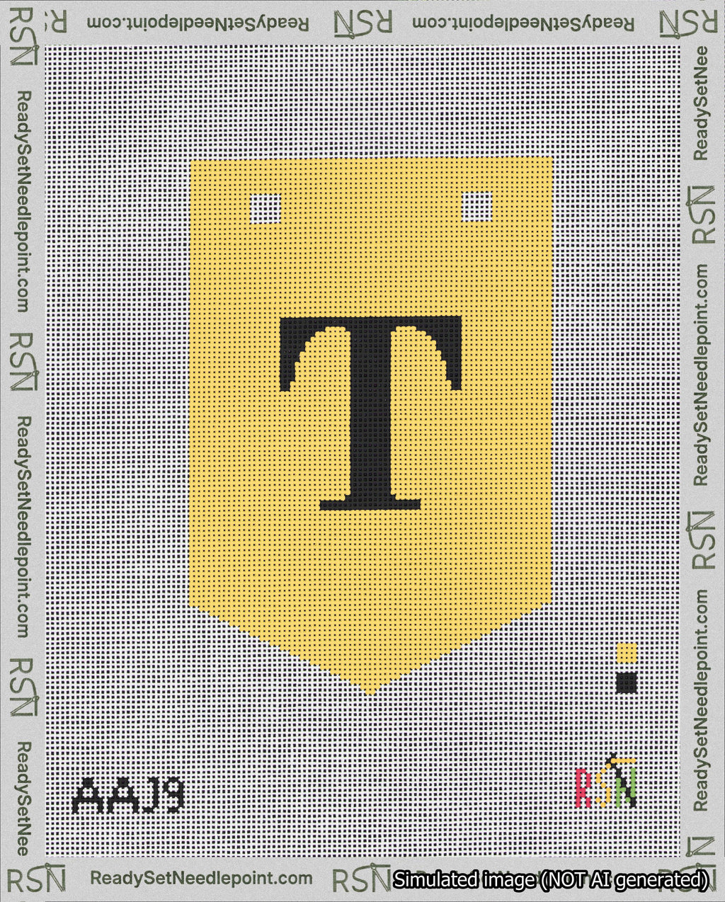 A taped needlepoint canvas with the design: Banner 18 mesh count Pointed T Black on Yellow.