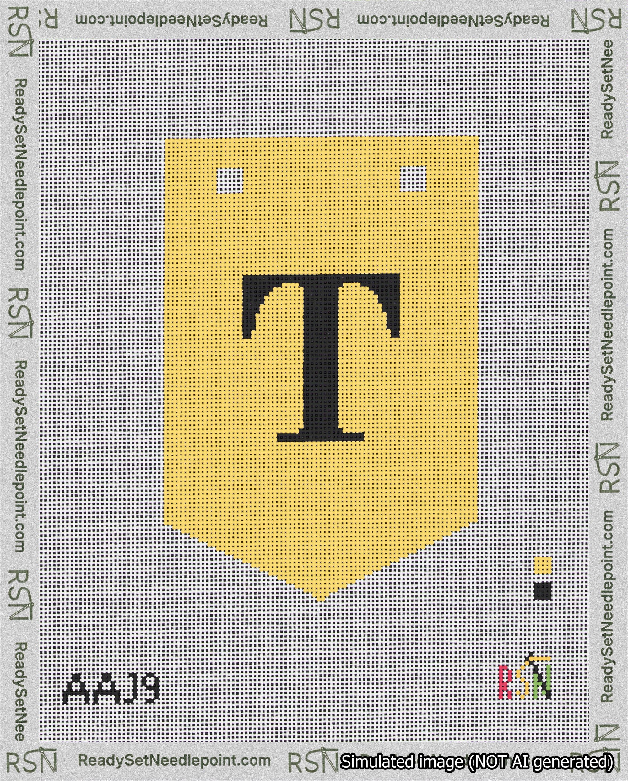 A taped needlepoint canvas with the design: Banner 18 mesh count Pointed T Black on Yellow.