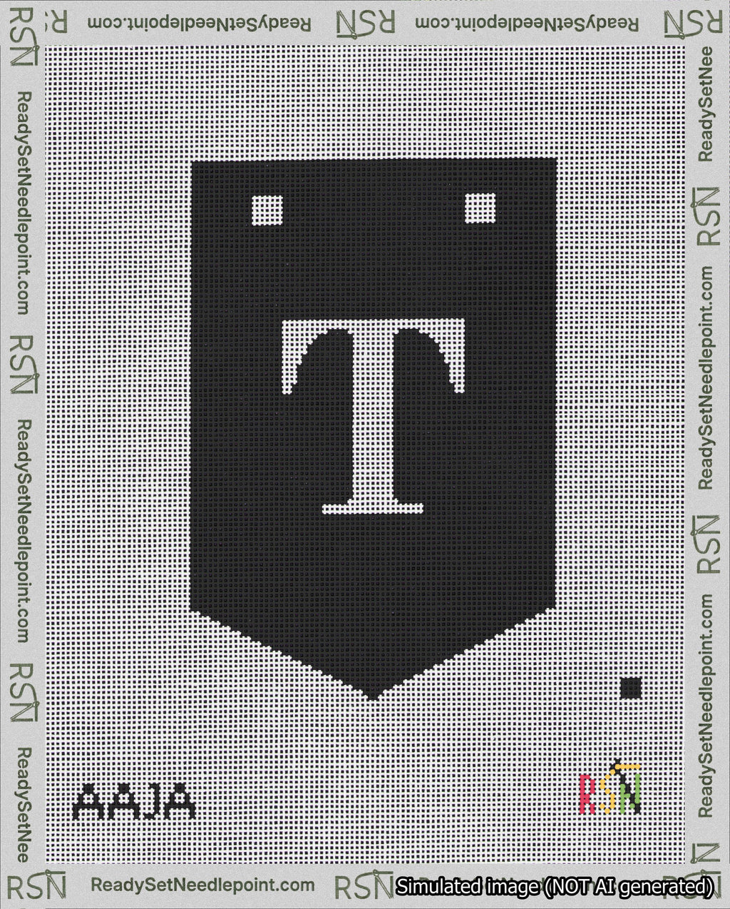 A taped needlepoint canvas with the design: Banner 18 mesh count Pointed T White on Black.