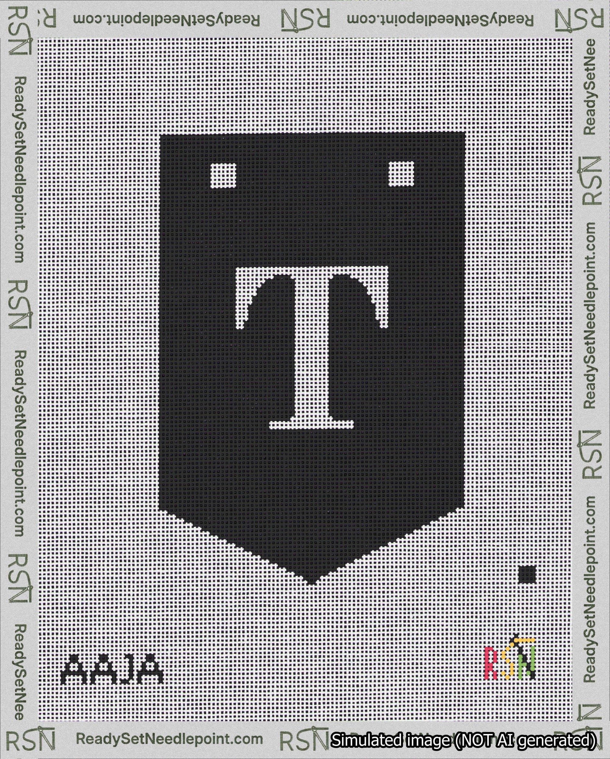 A taped needlepoint canvas with the design: Banner 18 mesh count Pointed T White on Black.