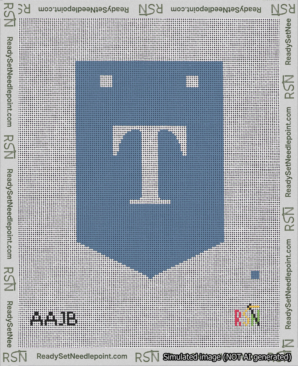 A taped needlepoint canvas with the design: Banner 18 mesh count Pointed T White on Blue.