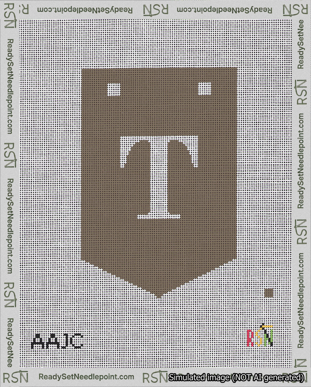 A taped needlepoint canvas with the design: Banner 18 mesh count Pointed T White on Brown.