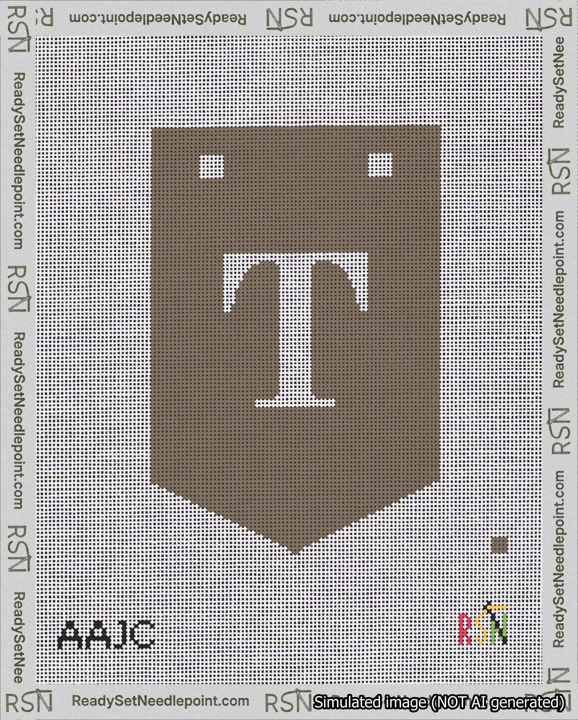 A taped needlepoint canvas with the design: Banner 18 mesh count Pointed T White on Brown.