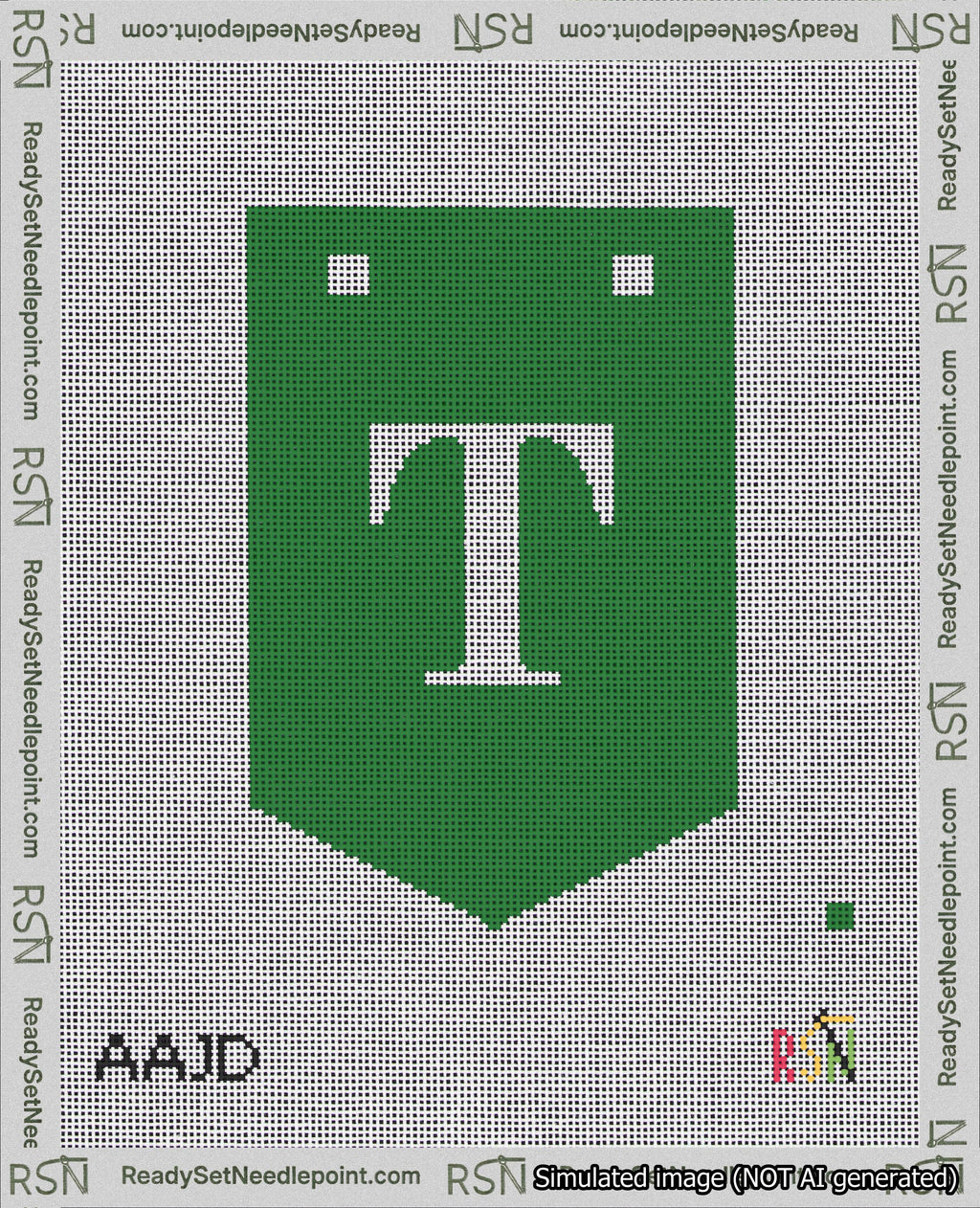A taped needlepoint canvas with the design: Banner 18 mesh count Pointed T White on Green.