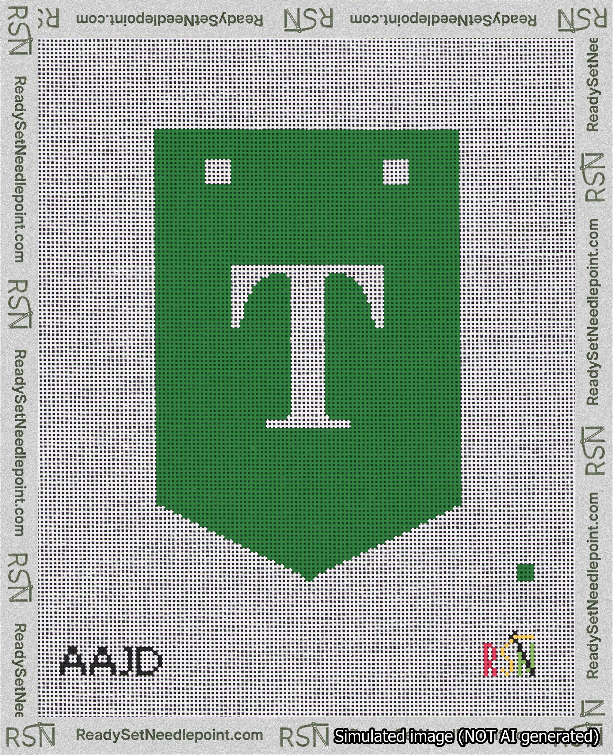 A taped needlepoint canvas with the design: Banner 18 mesh count Pointed T White on Green.