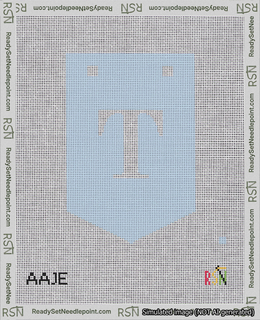 A taped needlepoint canvas with the design: Banner 18 mesh count Pointed T White on Light Blue.