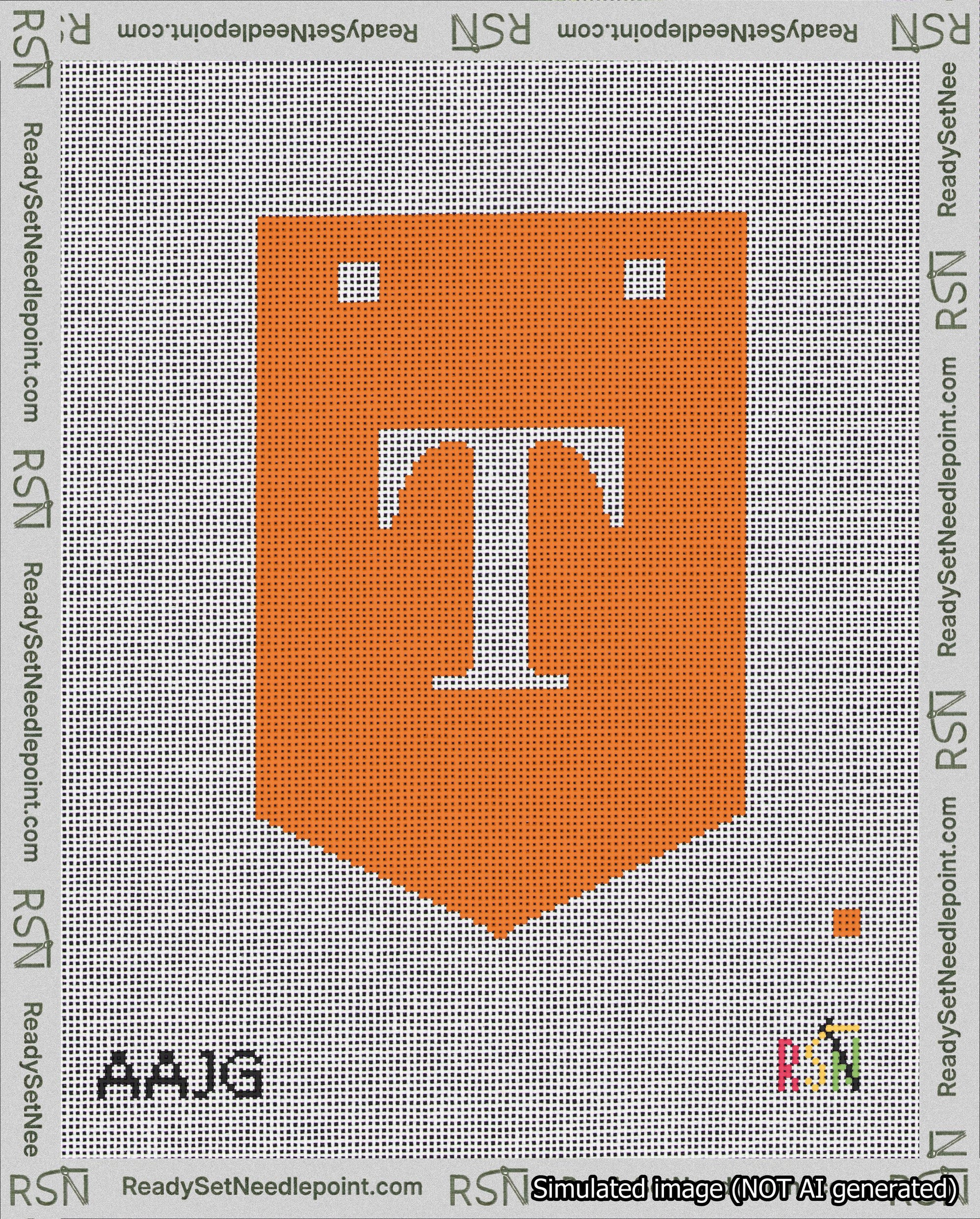 A taped needlepoint canvas with the design: Banner 18 mesh count Pointed T White on Orange.