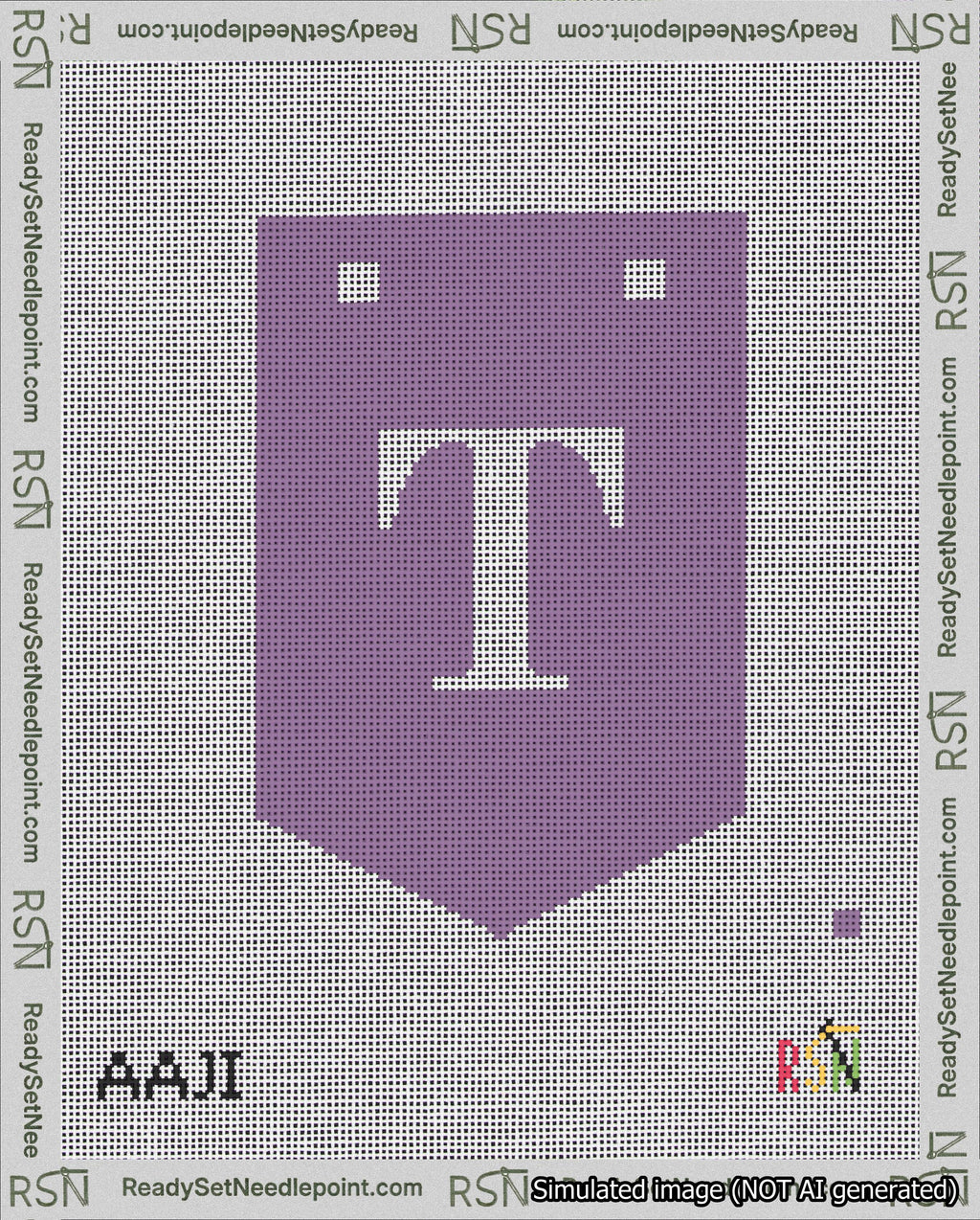 A taped needlepoint canvas with the design: Banner 18 mesh count Pointed T White on Purple.