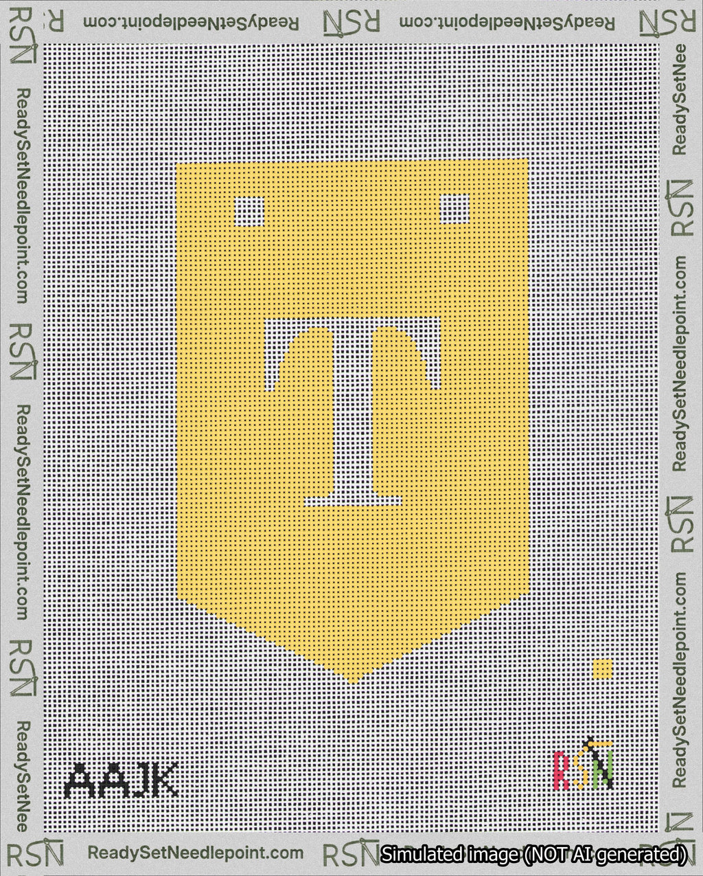 A taped needlepoint canvas with the design: Banner 18 mesh count Pointed T White on Yellow.