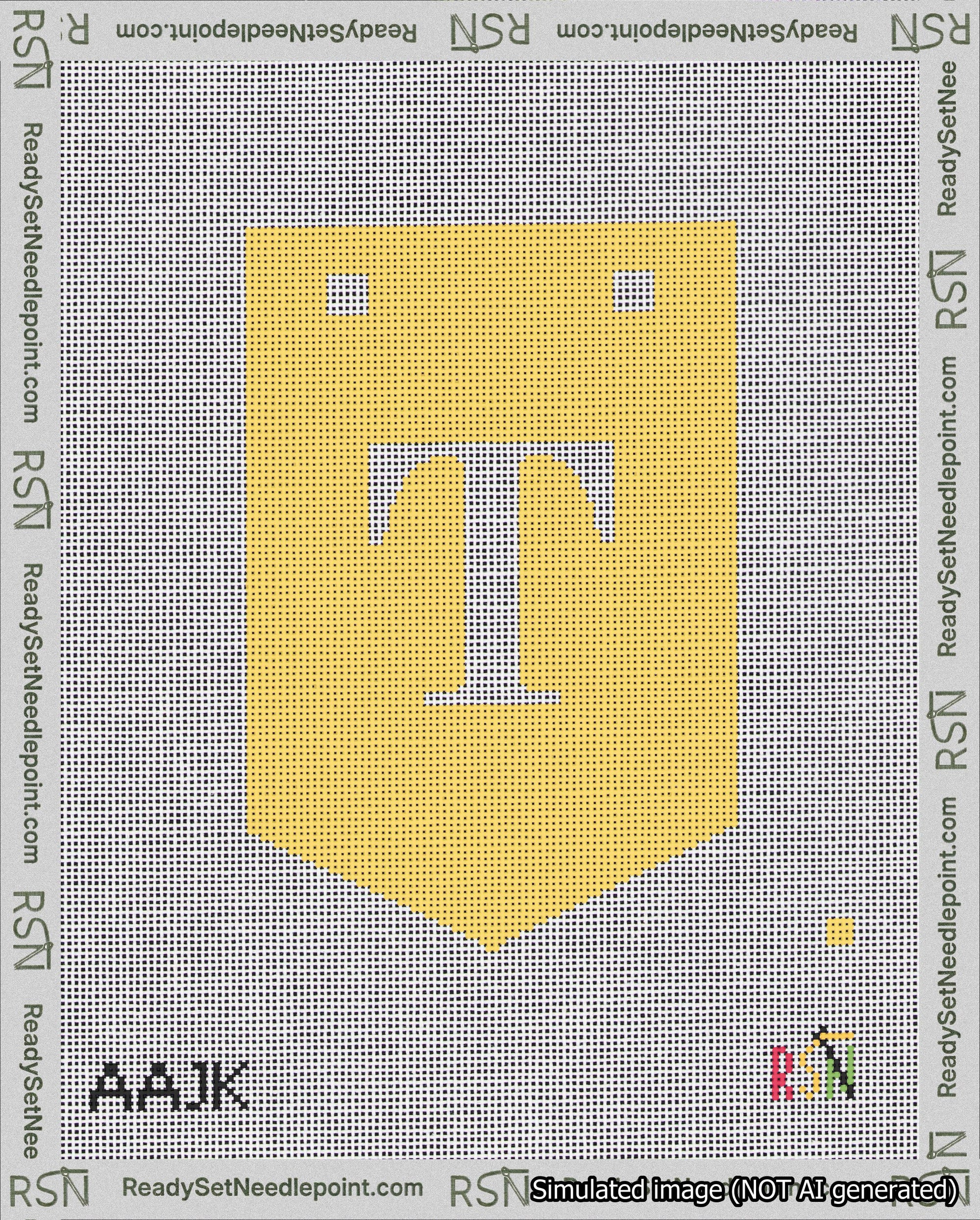 A taped needlepoint canvas with the design: Banner 18 mesh count Pointed T White on Yellow.