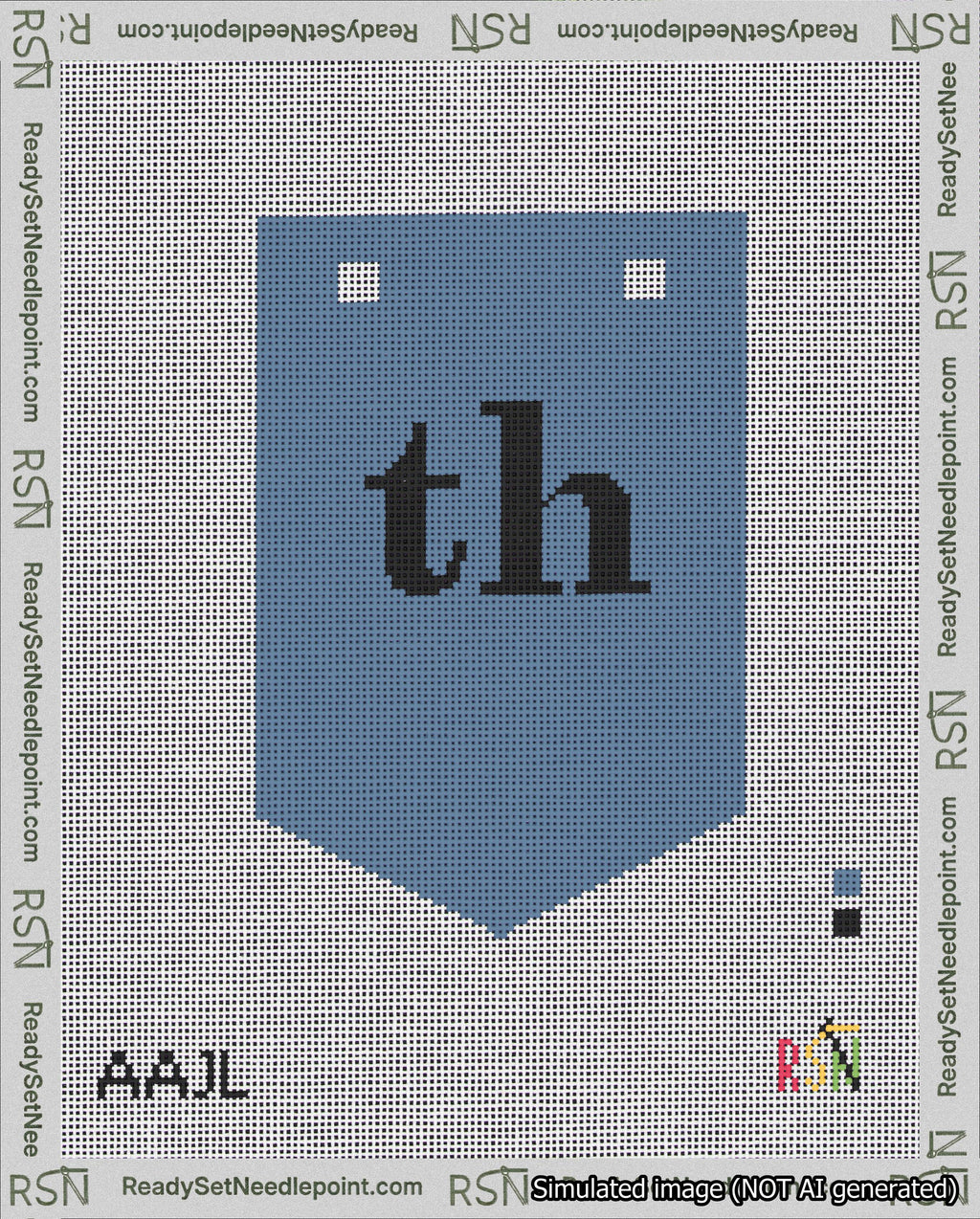 A taped needlepoint canvas with the design: Banner 18 mesh count Pointed th Black on Blue.