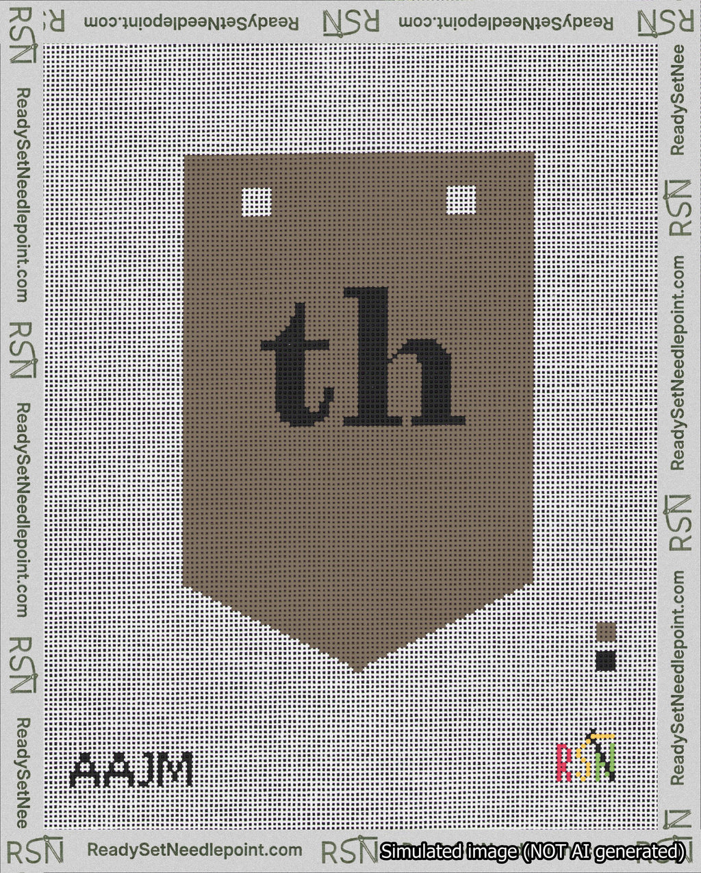 A taped needlepoint canvas with the design: Banner 18 mesh count Pointed th Black on Brown.