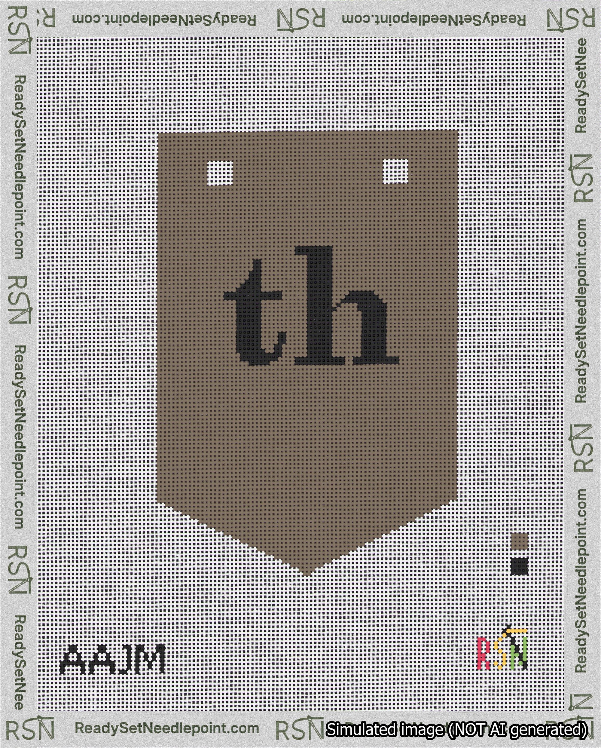 A taped needlepoint canvas with the design: Banner 18 mesh count Pointed th Black on Brown.