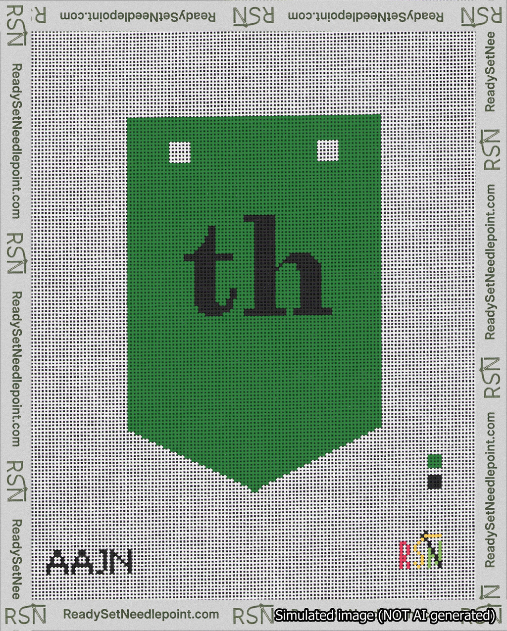 A taped needlepoint canvas with the design: Banner 18 mesh count Pointed th Black on Green.