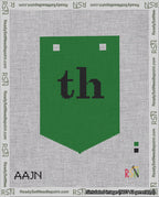 A taped needlepoint canvas with the design: Banner 18 mesh count Pointed th Black on Green.