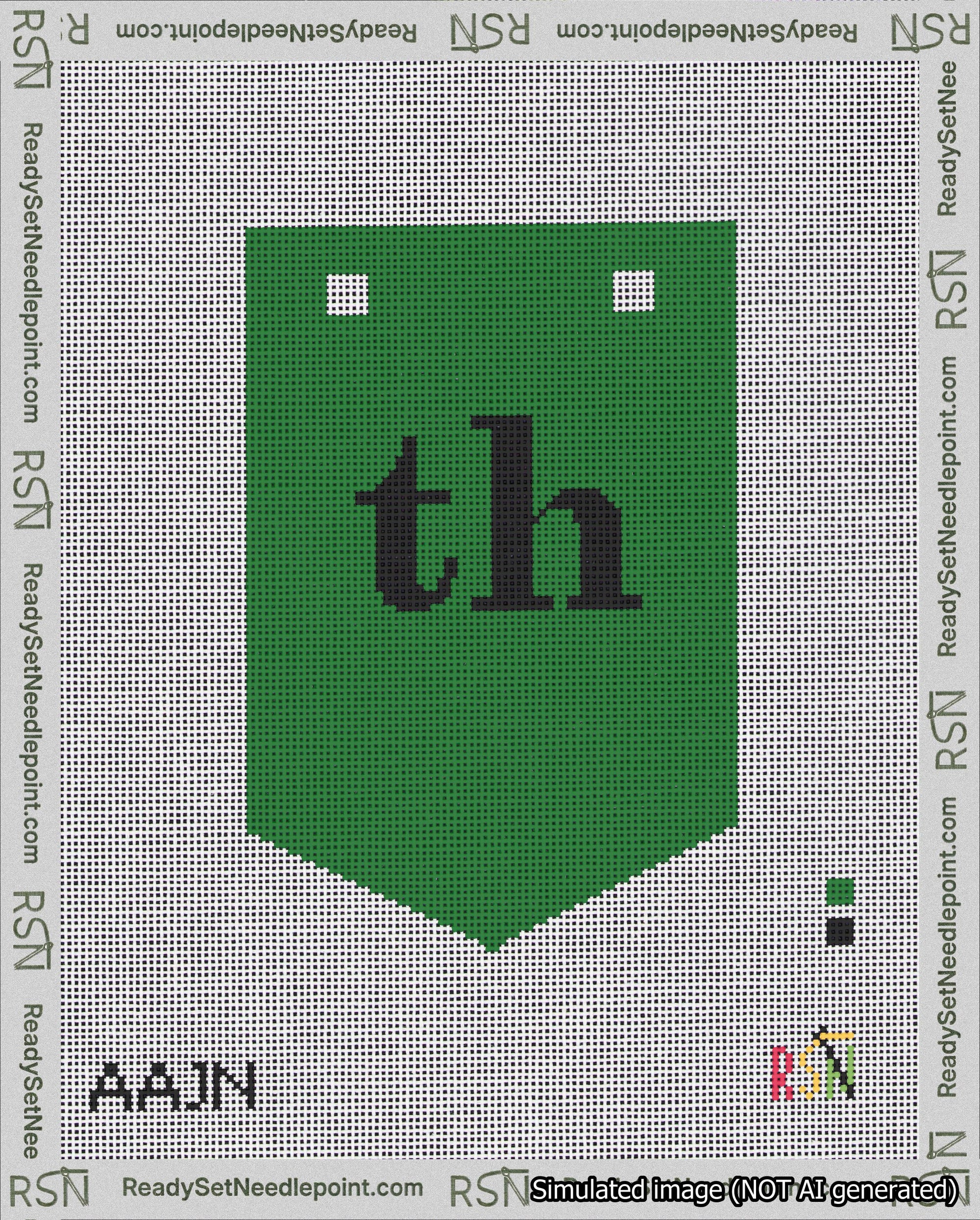A taped needlepoint canvas with the design: Banner 18 mesh count Pointed th Black on Green.