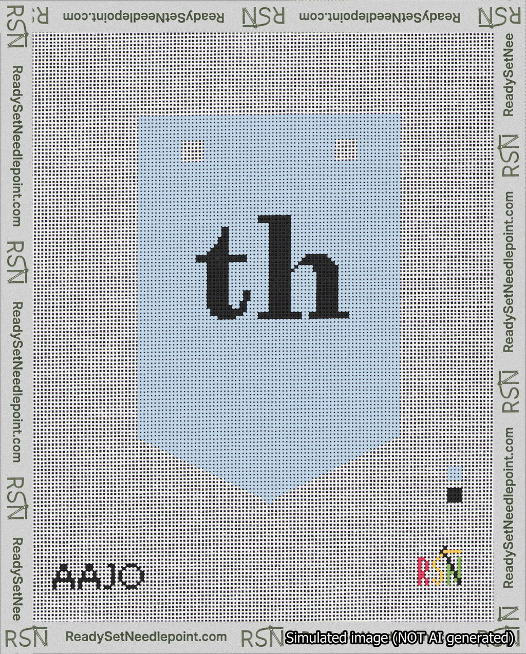 A taped needlepoint canvas with the design: Banner 18 mesh count Pointed th Black on Light Blue.