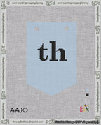 A taped needlepoint canvas with the design: Banner 18 mesh count Pointed th Black on Light Blue.