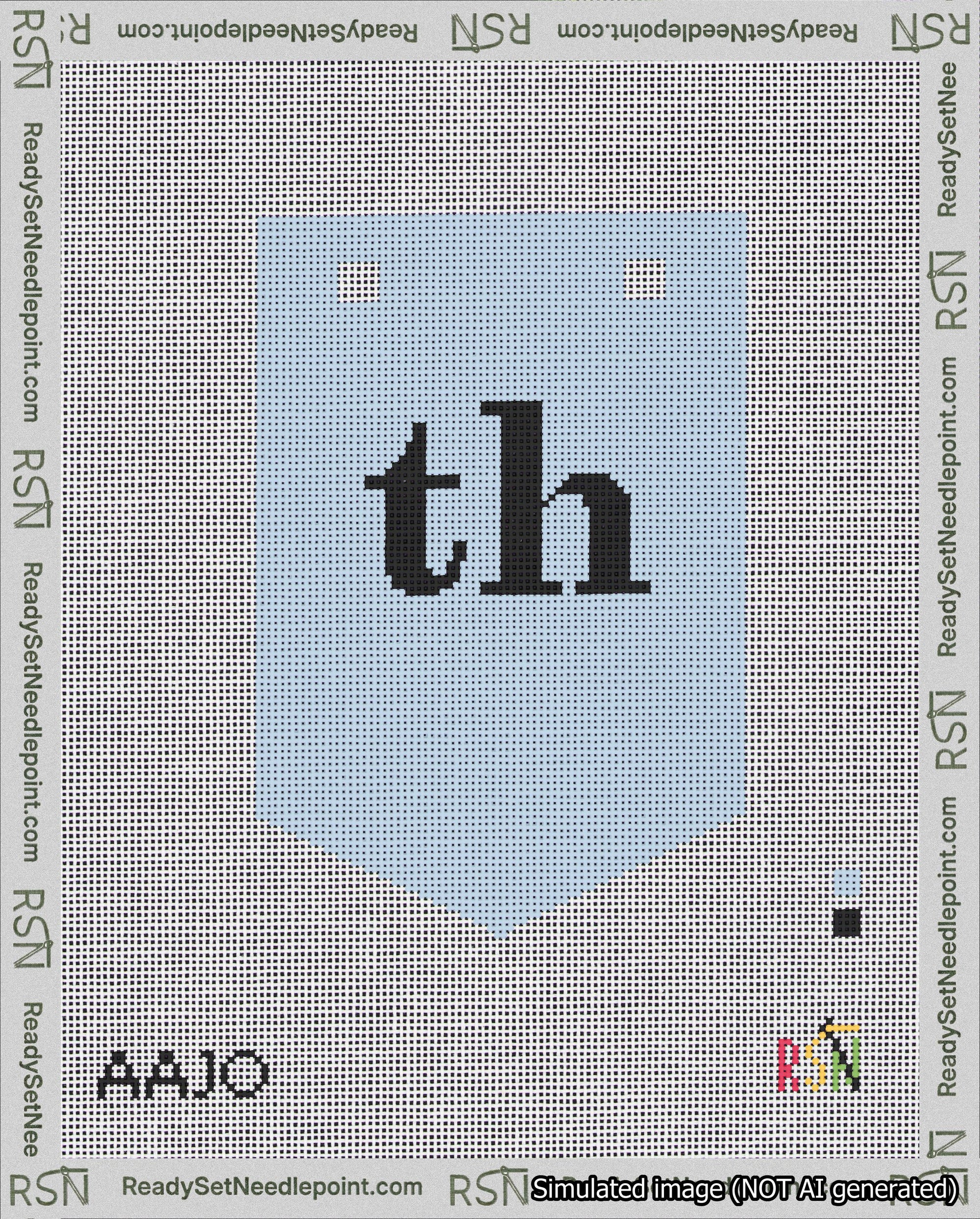 A taped needlepoint canvas with the design: Banner 18 mesh count Pointed th Black on Light Blue.