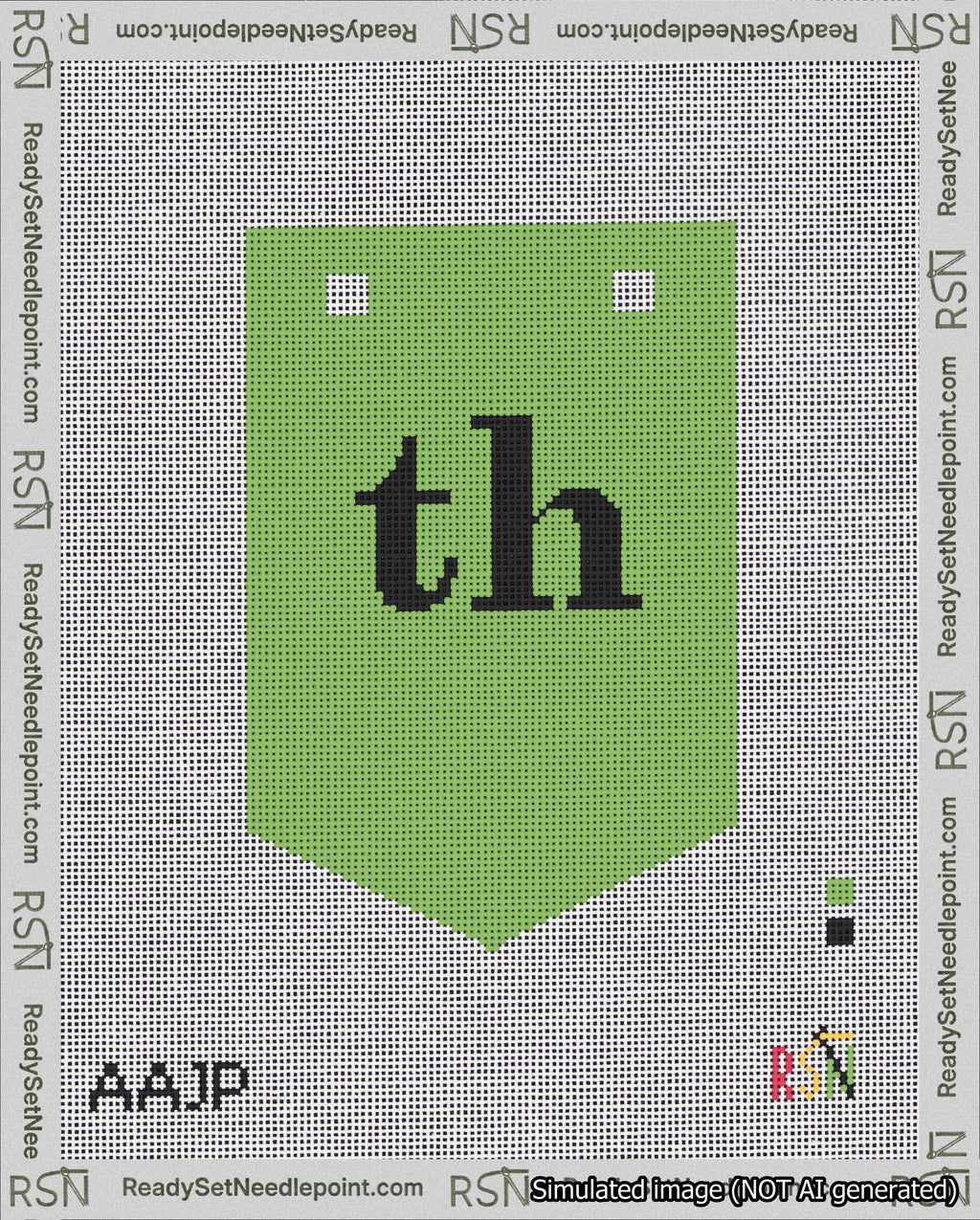 A taped needlepoint canvas with the design: Banner 18 mesh count Pointed th Black on Light Green.