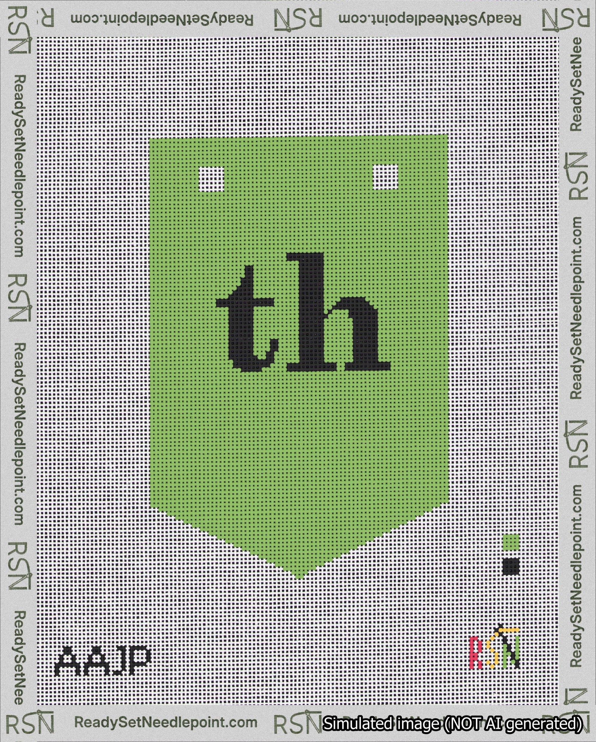 A taped needlepoint canvas with the design: Banner 18 mesh count Pointed th Black on Light Green.