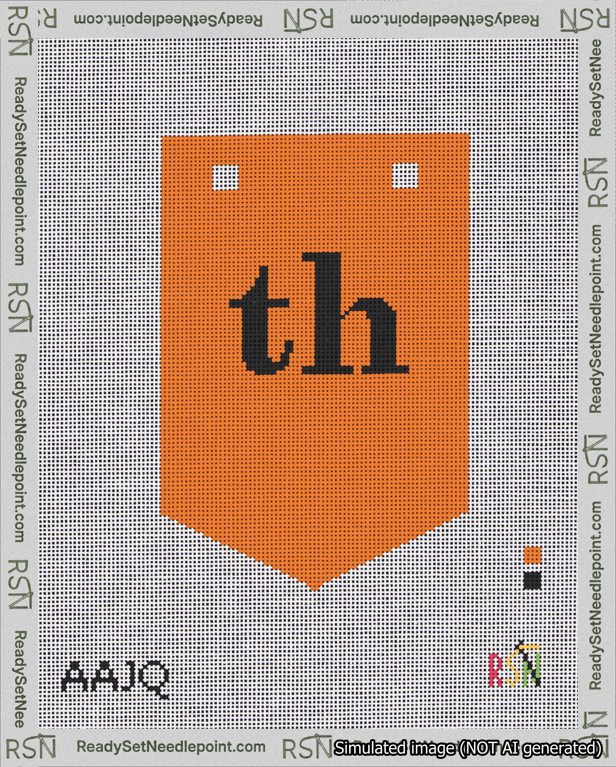 A taped needlepoint canvas with the design: Banner 18 mesh count Pointed th Black on Orange.