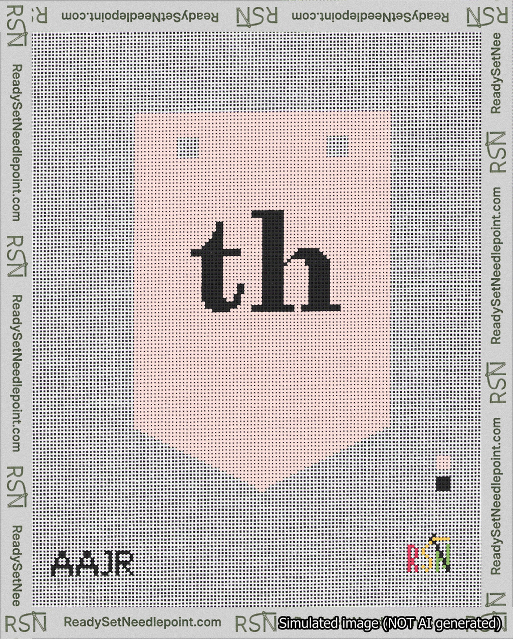 A taped needlepoint canvas with the design: Banner 18 mesh count Pointed th Black on Pink.