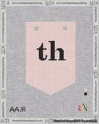 A taped needlepoint canvas with the design: Banner 18 mesh count Pointed th Black on Pink.