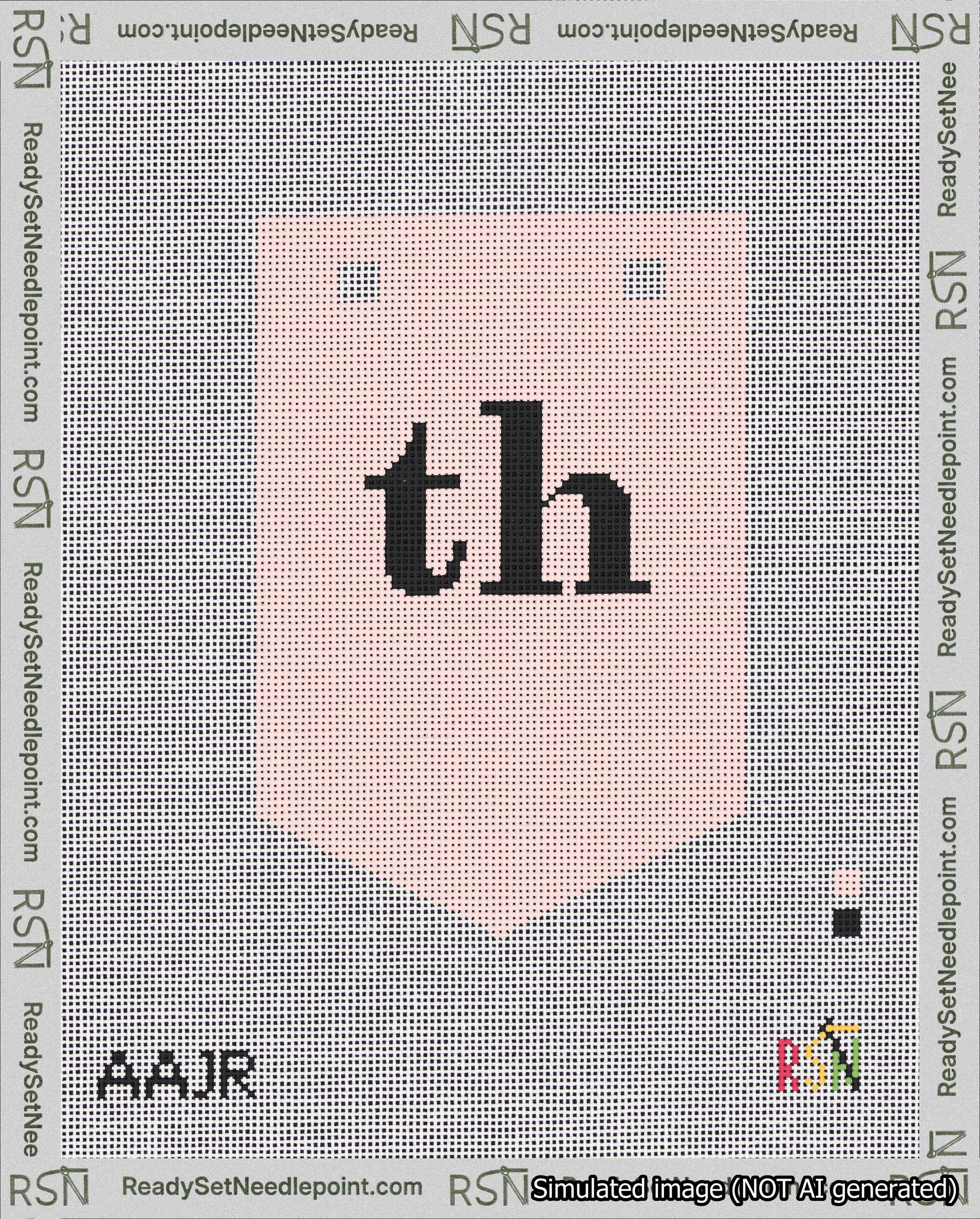 A taped needlepoint canvas with the design: Banner 18 mesh count Pointed th Black on Pink.